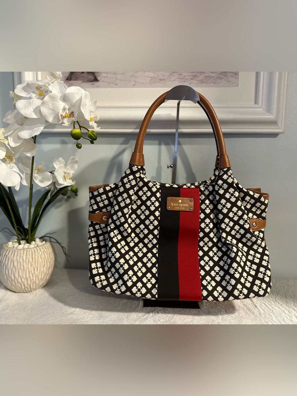 Vintage Y2K Kate Spade New York Stevie Canvas Leather Trim Tote Handbag Striped